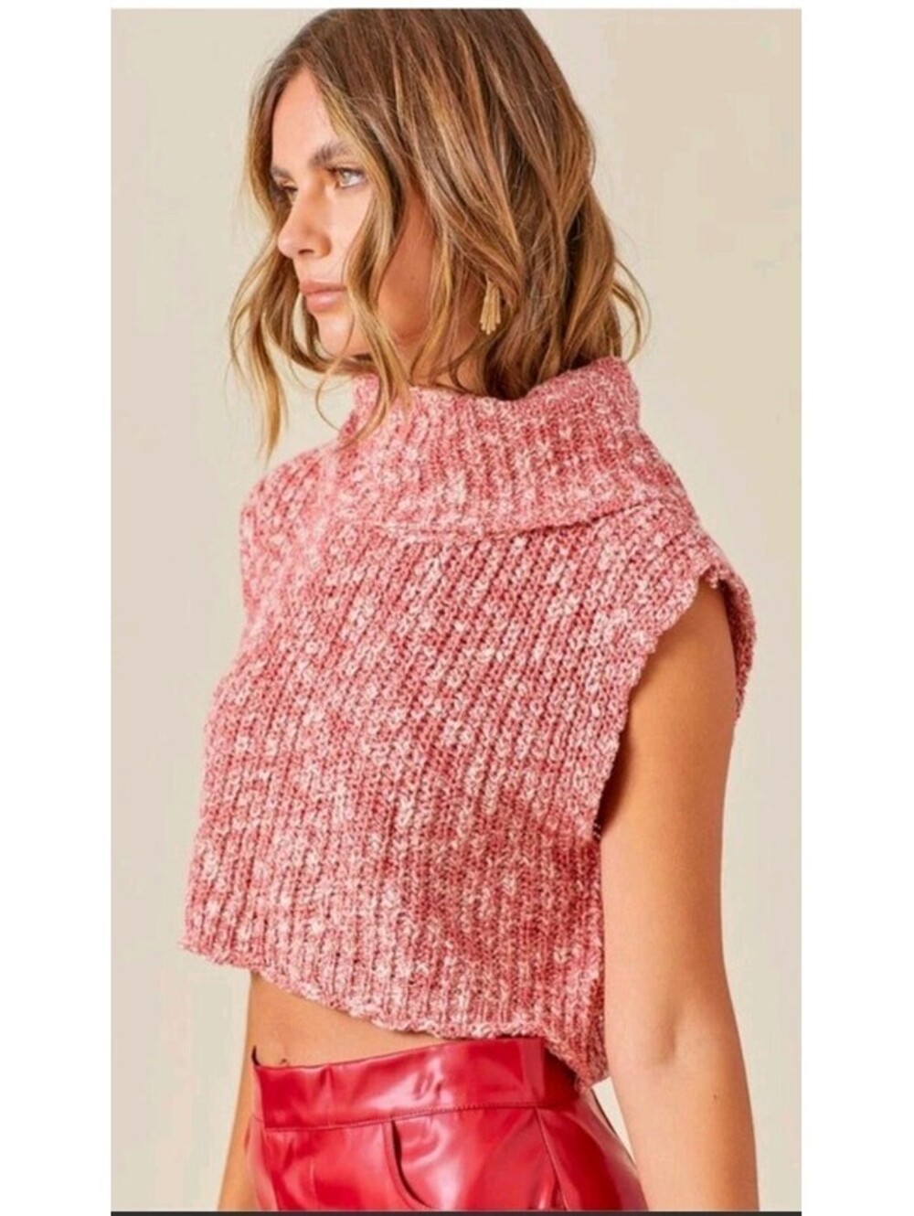 tahulah Country Vest Womens M SALMON Turtleneck Beaded Tight-Knit NWT